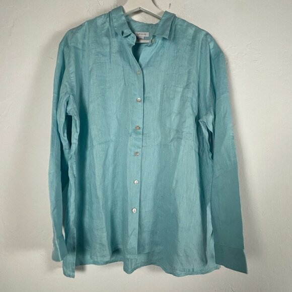 J. Jill Love Linen Womens Button-Up Shirt Medium Blue Long Sleeve Lightweight - Picture 1 of 7